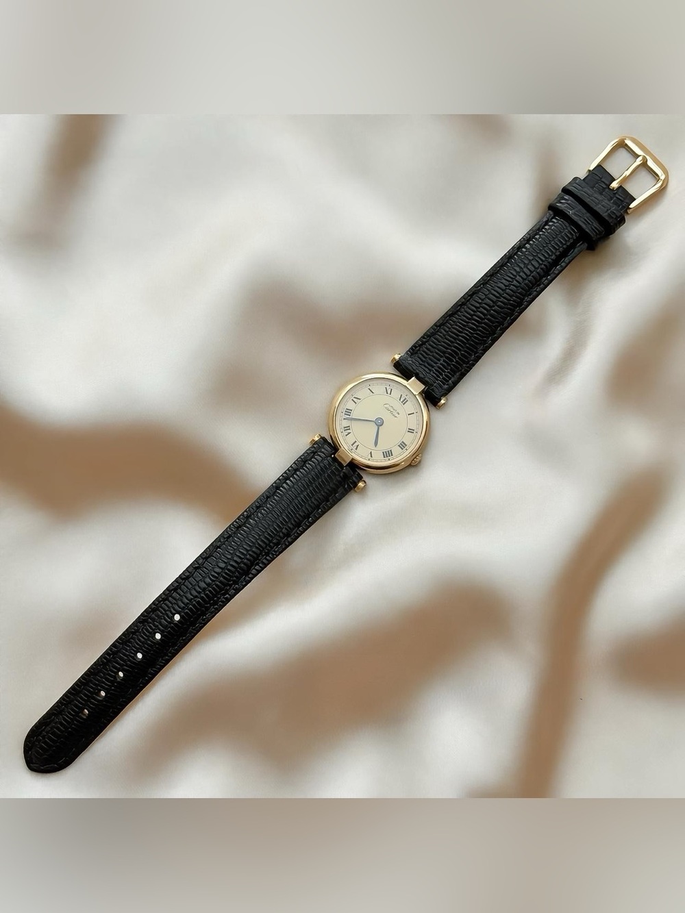AUTHENTIC VINTAGE CARTIER BLACK LEATHER WATCH - WITH BOX - Picture 6 of 7